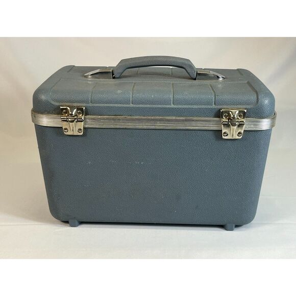 Vintage Starflite Blue Train Case Cosmetic Vanity Travel Bag Mid Century Tray - Picture 5 of 9